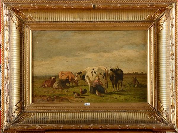 Fermiere Et Ses Vaches Au Pre Oil Painting by Louis Robbe