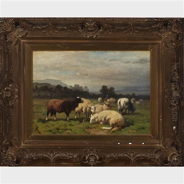 Sheep Grazing And At Rest Oil Painting by Louis Robbe