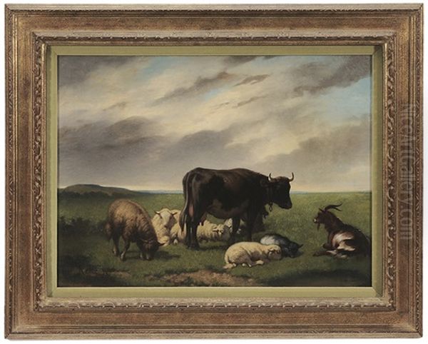 Pastoral Landscape With Sheep, Cows, And Goats Oil Painting by Louis Robbe