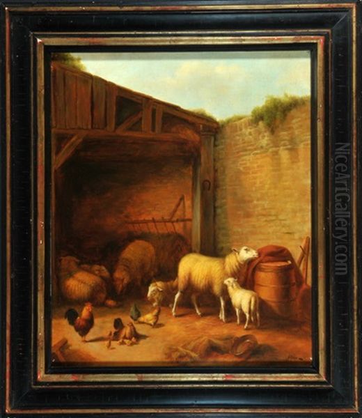 Schafe Und Huhner Im Stall Oil Painting by Louis Robbe