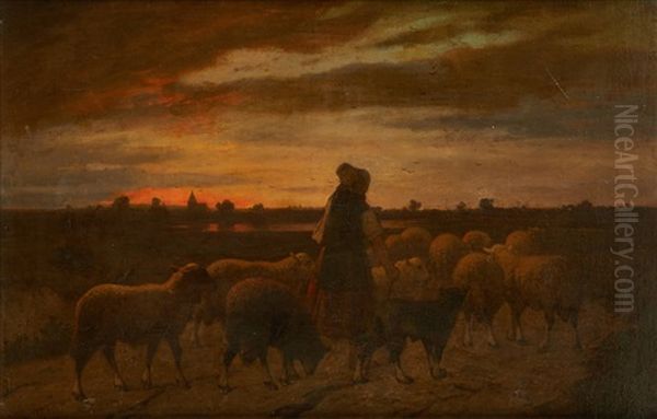 La Rentree Du Troupeau Au Crepuscule Oil Painting by Louis Robbe