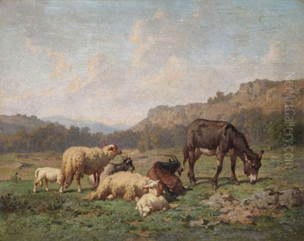 Ane, Moutons Et Boucs Devant Un Paysage Accidente Oil Painting by Louis Robbe