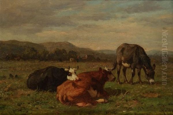 Vaches Au Pre - Brebis A L'etable (2 Works) Oil Painting by Louis Robbe