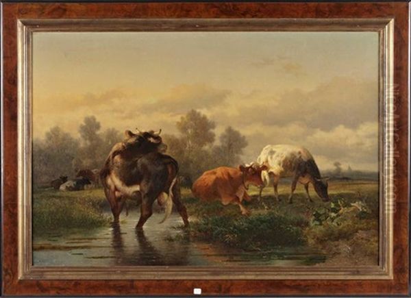 Taureau Et Vaches Au Pre Oil Painting by Louis Robbe