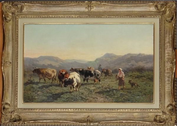 Couple De Bergers Et Vaches Oil Painting by Louis Robbe