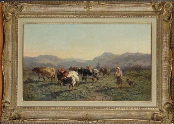 Couple De Bergers Et Vaches Oil Painting by Louis Robbe