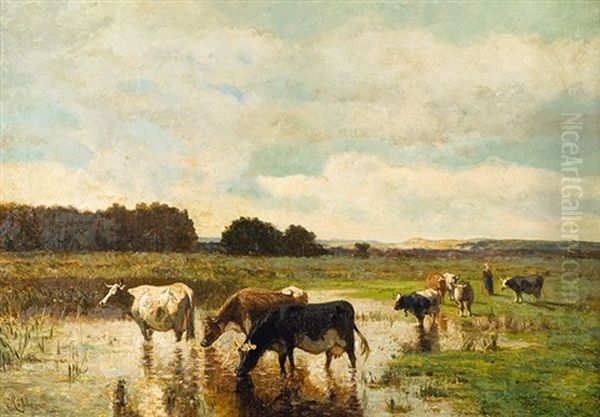 Vaches Pres De L'abreuvoir Oil Painting by Louis Robbe