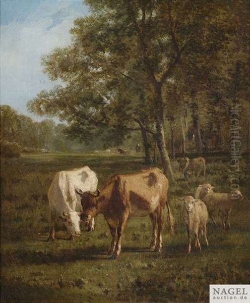 Kuhe Und Schafe Auf Sommerlicher Weide Oil Painting by Louis Robbe