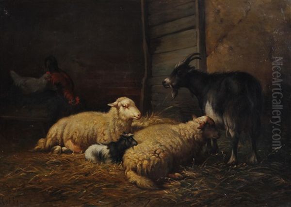 Sheep, Goats And Chickens In A Barn Oil Painting by Louis Robbe