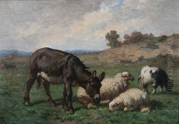 Paysage Accidente Anime D'un Ane Et De Moutons Oil Painting by Louis Robbe