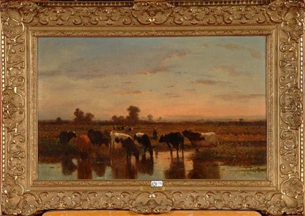 Paysage Avec Betail Au Coucher Du Soleil Oil Painting by Louis Robbe