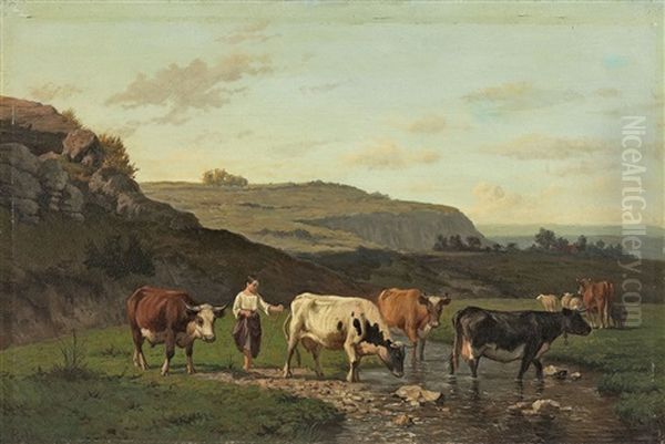 Weite Landschaft Mit Hirtin Und Herde An Einem Bach Oil Painting by Louis Robbe