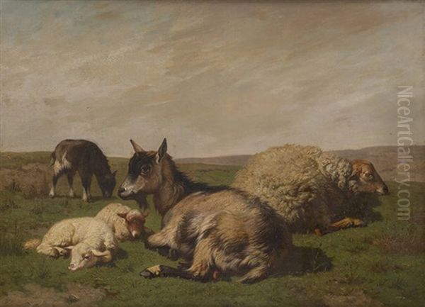 Bouc Et Moutons Sur Fond De Paysage Oil Painting by Louis Robbe