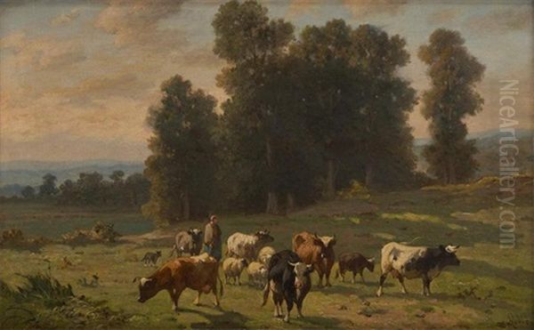 Conduite Du Troupeau Dans Un Paysage Ensoleille Oil Painting by Louis Robbe