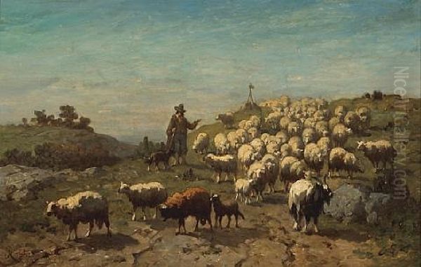 A Shepherd With His Flock Oil Painting by Louis Robbe