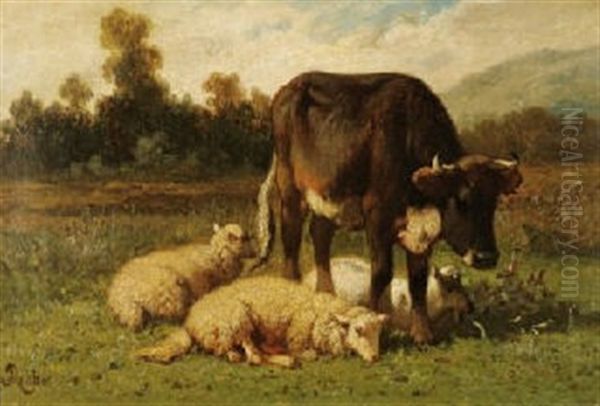 Vache Et Trois Moutons En Paturage Oil Painting by Louis Robbe