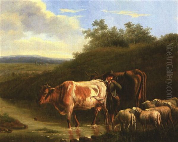 A Herdsman Calling Animals To Water Oil Painting by Louis Robbe