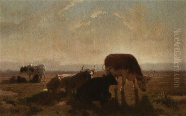 La Traite Des Vaches Au Coucher De Soleil Oil Painting by Louis Robbe