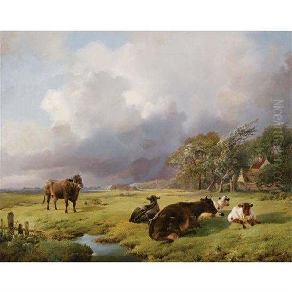 Cows In A Summer Landscape Oil Painting by Louis Robbe