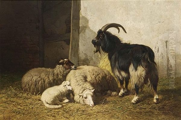 Sheep And A Goat In A Stable Oil Painting by Louis Robbe