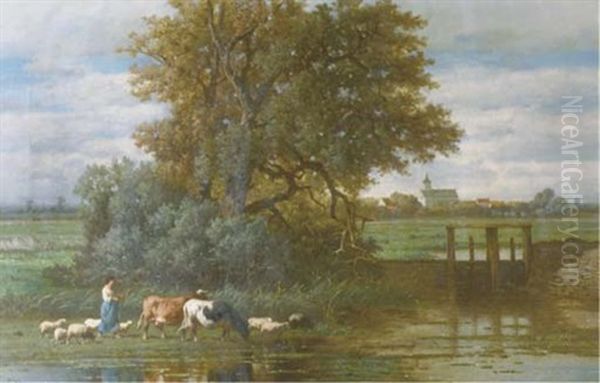 A Country Idylle Oil Painting by Louis Robbe