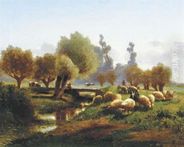 Sheep In A Meadow By A Stream Oil Painting by Louis Robbe