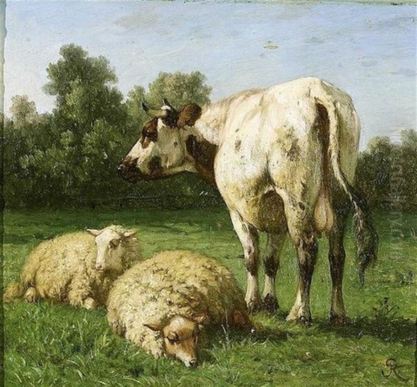 Vache Et Moutons Au Paturage Oil Painting by Louis Robbe