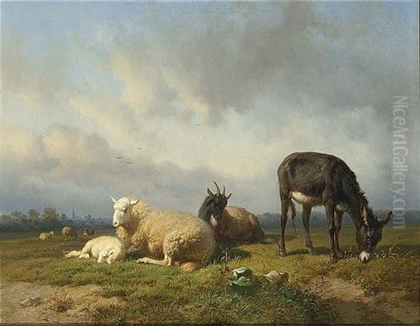 Cattle In A Meadow, A Village In The Distance Oil Painting by Louis Robbe