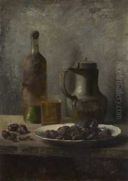 Stilleben Mit Weinflasche, Zinnkrug Und Gerosteten Kastanien Oil Painting by Resi Borgmann