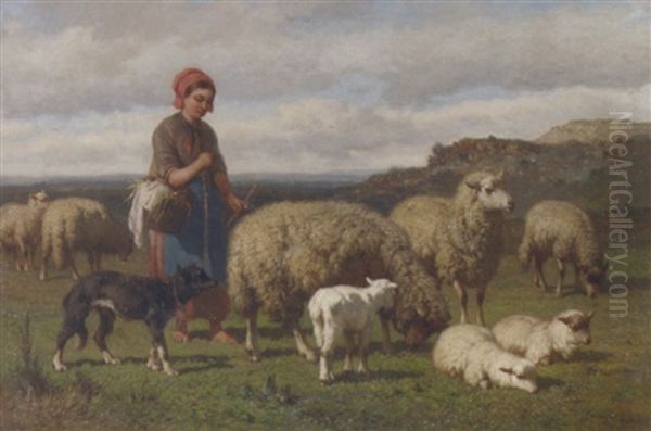 A Young Shepherdess Oil Painting by Louis Robbe