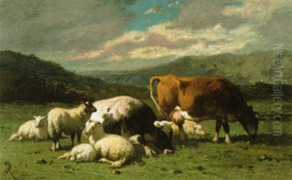 Koeien En Schapen In Een Landschap Oil Painting by Louis Robbe