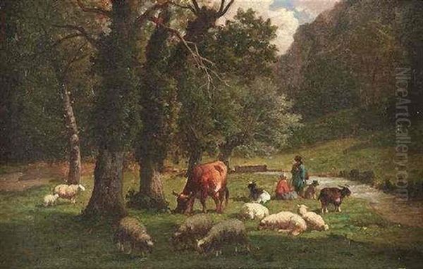 An Einem Bachlauf Huten Hirten Tiere Oil Painting by Louis Robbe