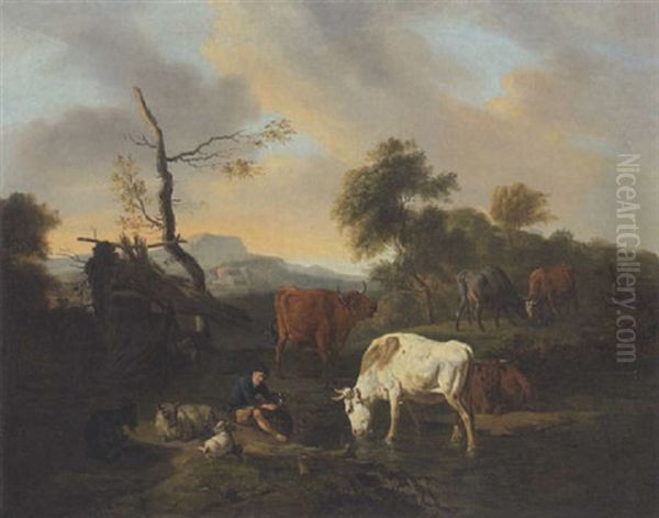 Huterbub Mit Hund, Kuhen, Schafen Und Ziege Am Der Tranke Oil Painting by Louis Robbe