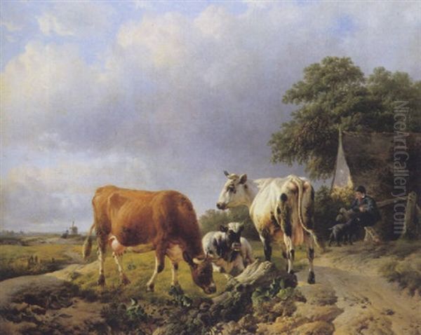 Landschap Met Koeien En Koeienwachter Oil Painting by Louis Robbe