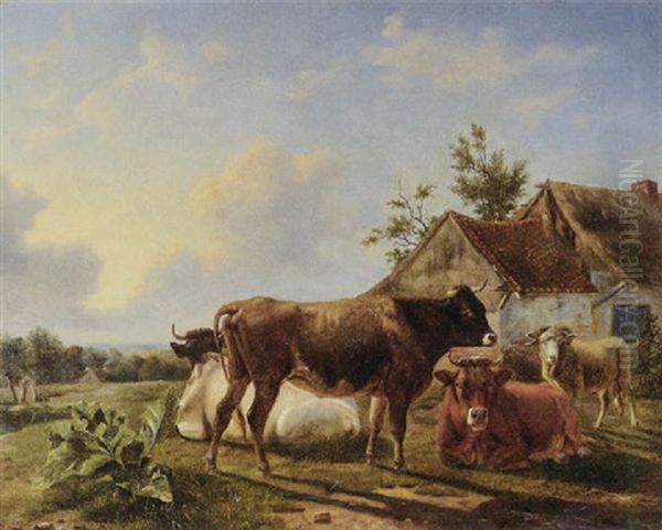 Cattle In A Meadow By A Farm Oil Painting by Louis Robbe