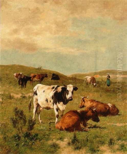 Cows And A Woman In A Hilly Landscape Oil Painting by Louis Robbe