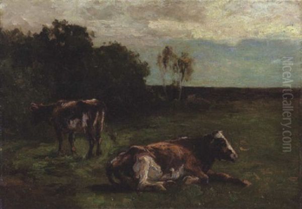 Zwei Ochsen Auf Der Weide Oil Painting by Louis Robbe