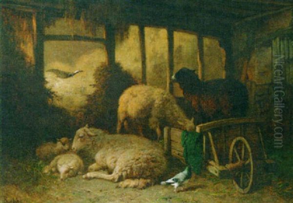 A Stable Interior With Sheep And Pigeons Oil Painting by Louis Robbe