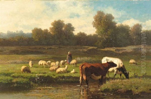 A Herdess And Flock And Cows On A Riverbank Oil Painting by Louis Robbe