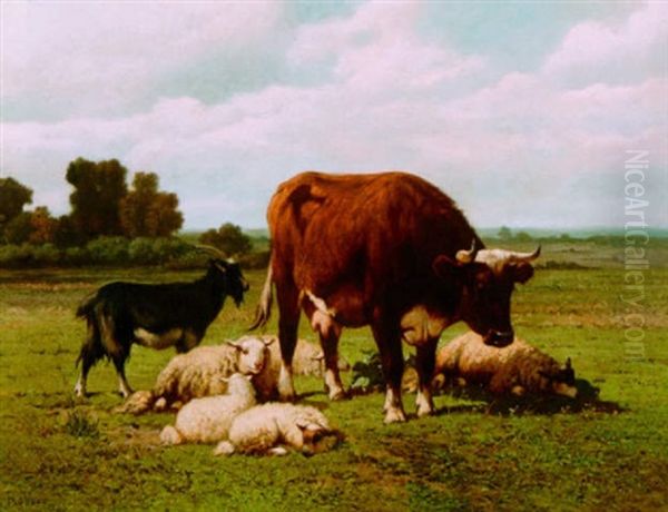 A Bull And Sheep In A Landscape Oil Painting by Louis Robbe