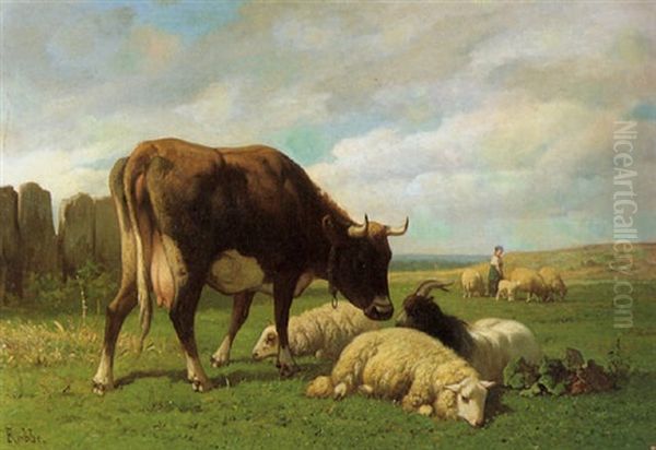 Weide Mit Kuh, Ziege Und Schafen Oil Painting by Louis Robbe