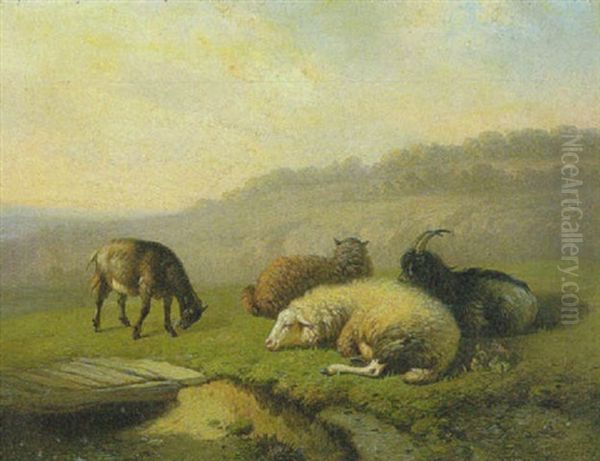 Schafe Und Ziegen Auf Der Weide Bei Einem Steg Oil Painting by Louis Robbe