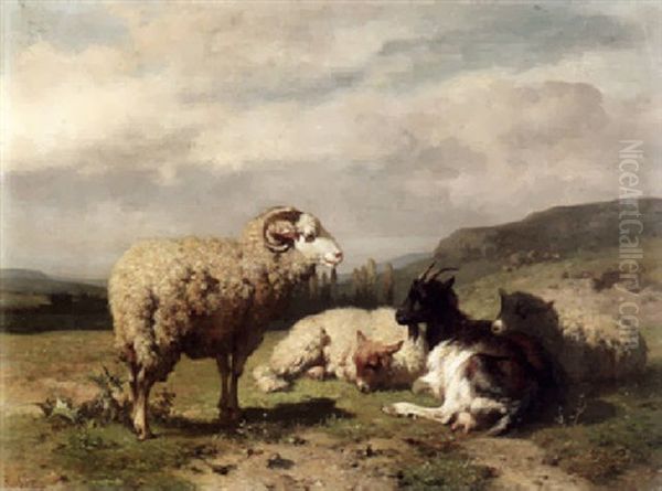 Drei Schafe Und Eine Ziege Auf Einer Anhohe Oil Painting by Louis Robbe