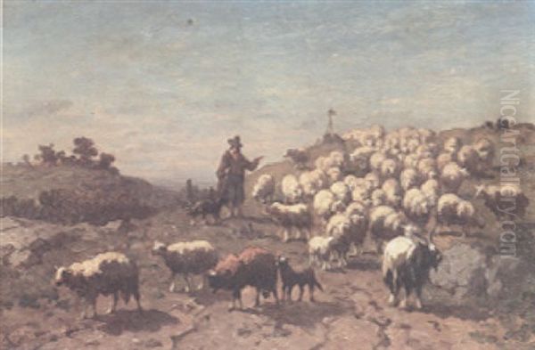 A Hilltop View With A Shepherd And His Flock And Goats And A Shrine In The Distance Oil Painting by Louis Robbe