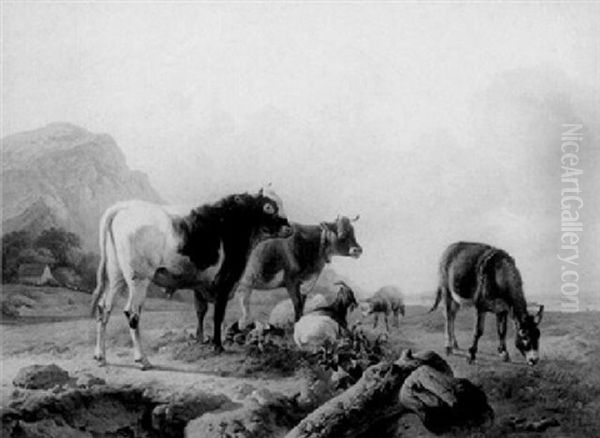 Cows, Sheep And A Donkey In A Meadow Oil Painting by Louis Robbe