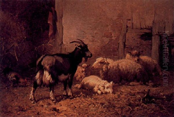 A Goat And Sheep In A Stable Oil Painting by Louis Robbe