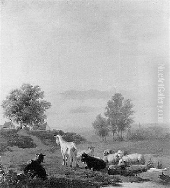 Sheep And Goats In A Meadow Oil Painting by Louis Robbe