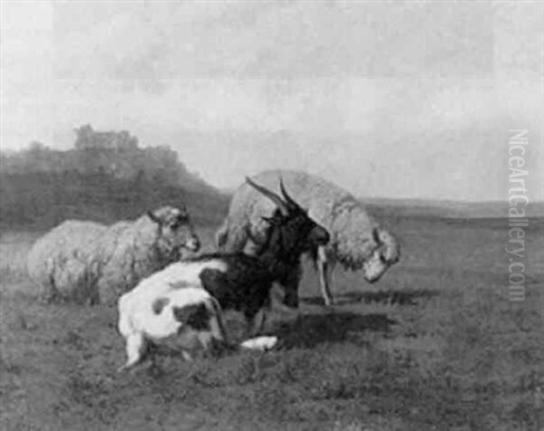 A Goat And Sheep In A Pasture, A Ruined Castle On A Hill Top Beyond Oil Painting by Louis Robbe