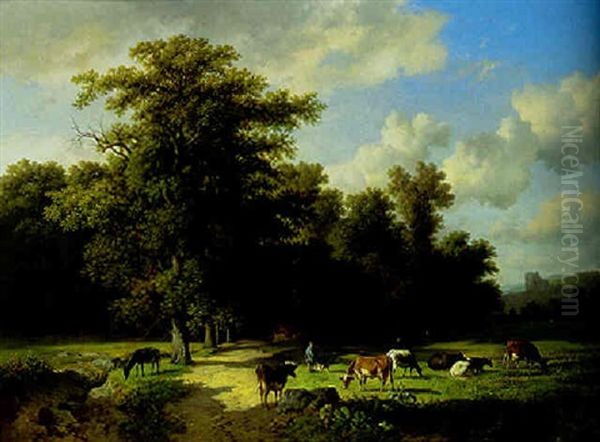 Cattle Grazing In A Wooded Landscape Oil Painting by Louis Robbe