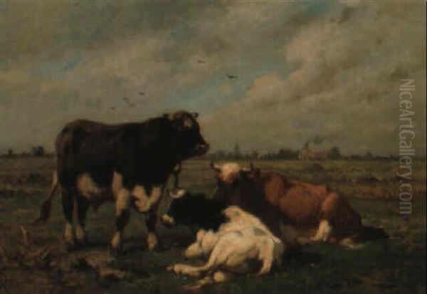 Vaches Et Taureau Dans Un Paysage Oil Painting by Louis Robbe